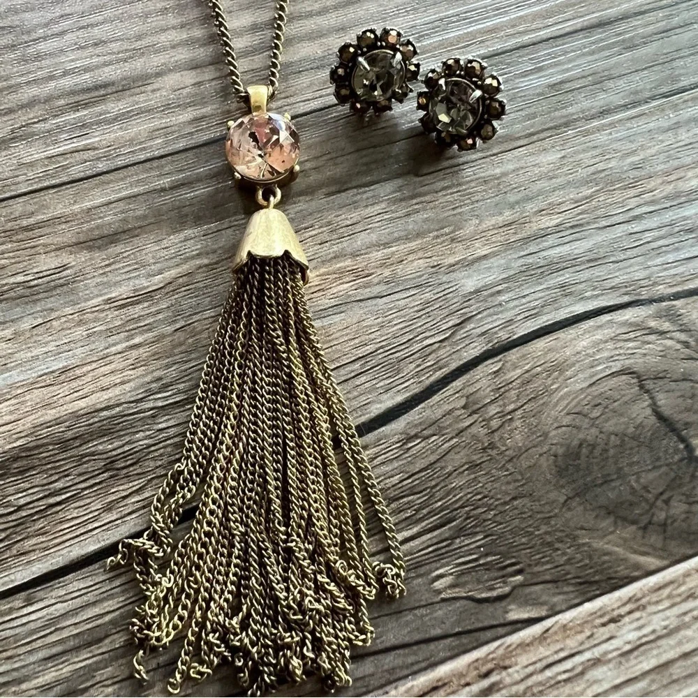 J. Crew Gold Gem Tassel Necklace & Stud Rhinestone Earring Set